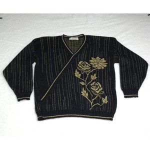 Vintage 80's/90s Ellen D Black & Metallic Gold Surplice Floral Sweater